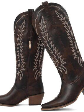 Women's Brown Knee High Western Cowgirl Boots Comfortable Chunky Heel Classic